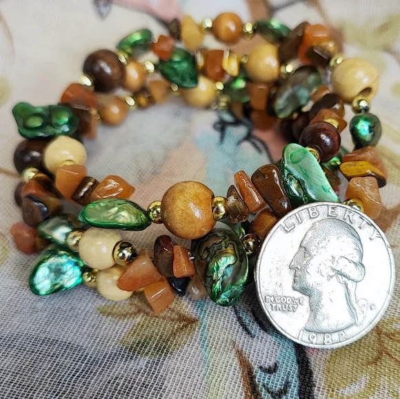 Stone Shell Wood Beaded Memory Wire Bracelet Gold Tone Mother Nature Organic EUC - Picture 4 of 8